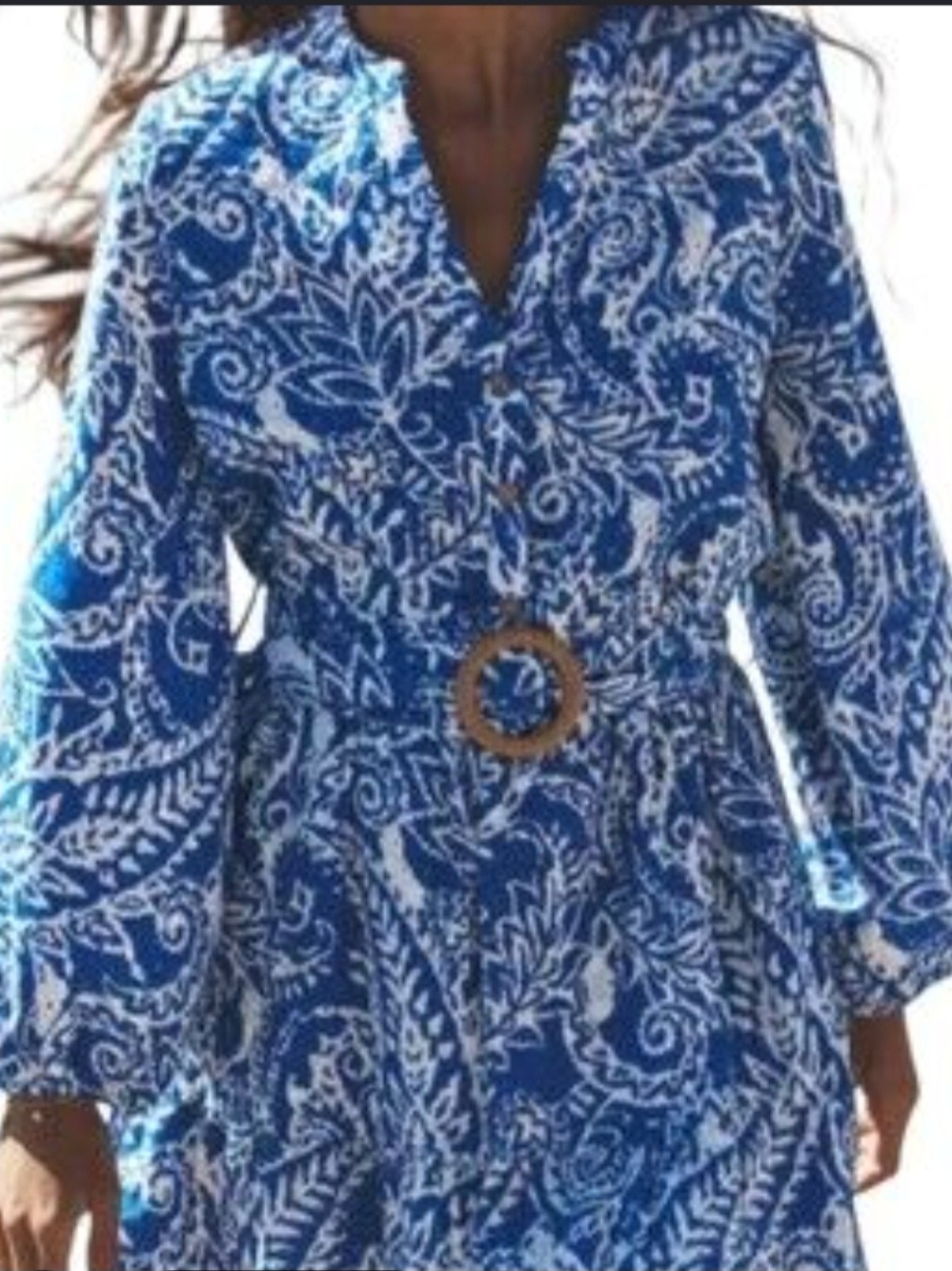 Zara Embellished Blue and White Paisley Eyelet Belted Casual Dress